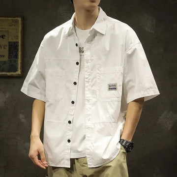 衬衫男American Casual Short Sleeve Shirt For Men Summer Fashion Comfortable T-shirt 2025 New High Street Plain Lapel blouses hombre