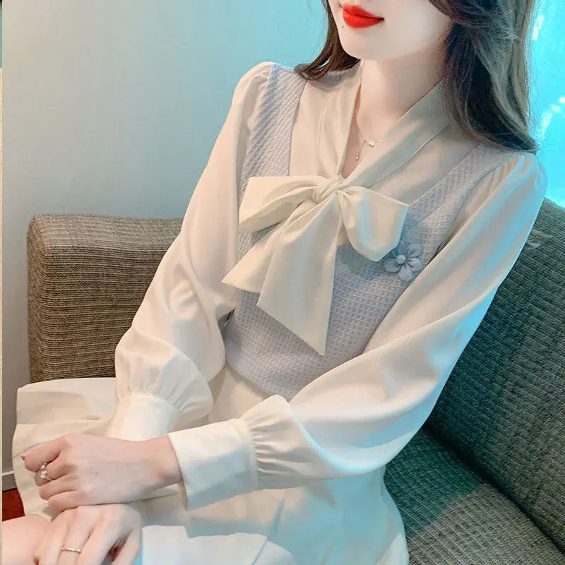 商务装女French Bow Fake Two Piece Chiffon Shirt for Women New Style Small Stature Sweet Temperament Slimming Top