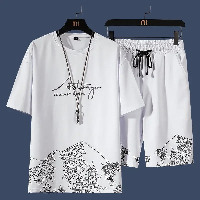 男士套装2024 New Trendy Men's Summer Outfit Shorts Sport Suit Korean Style Casual T-shirt For Young Teens Student Sleeved Tops