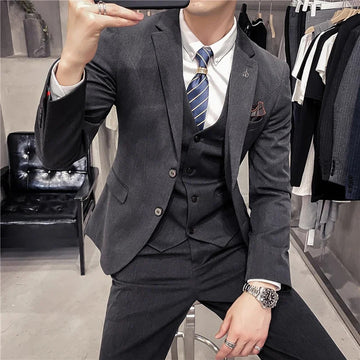 商务装男S-7XL ( Blazer + Vest + Pants ) Striped Plaid Solid Color Mens Formal Business Suit 3Pcs Set Groom Wedding Social Show Dress