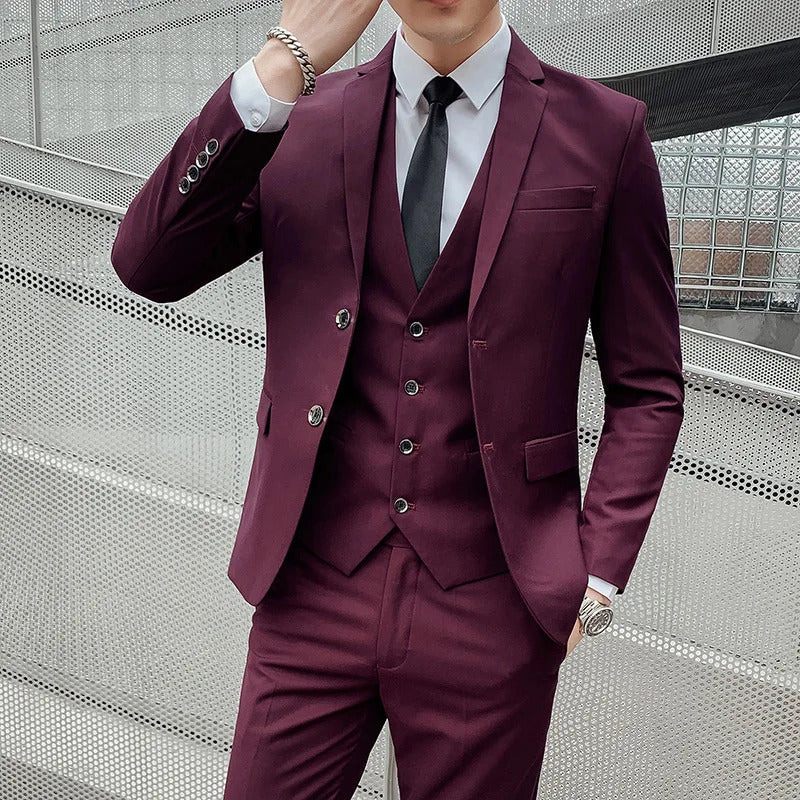 商务装男High-quality Men's Solid Color Suit (suit + Vest + Trousers) The New Fashion and Handsome Banquet Smart Casual 3/2 Piece Set
