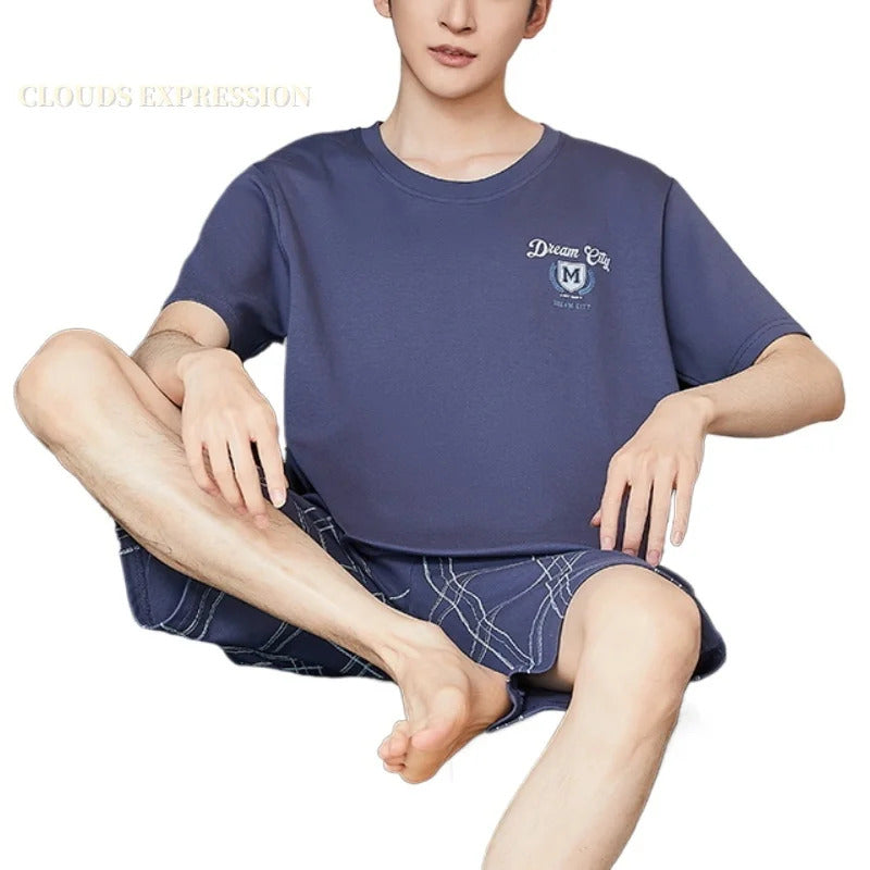 睡衣男Summer Plus 3XL Knitted Pjs Short Sleeve Mens Pajamas Sets Male Pajama Set Plaid Pajama For Men Sleepwear Suits Homewear Fashion