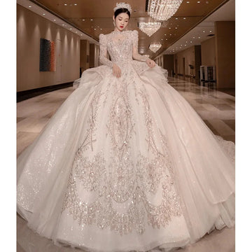 礼服女Y&m Novias High Neck Long Sleeve Wedding Dress Plus Size Vestido De Vintage Luxury Bead Bridal Princesse Gown Cathedral Train