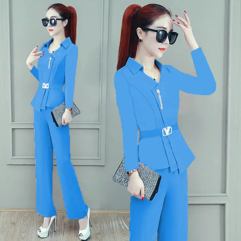 商务装女2024 Spring/Summer New Chiffon Wide Leg Pants Two Piece Set for Women's Summer High end Professional Style Celebrity Fashion Set