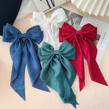 发饰6Styles Girls Long Big Bow Float Satin Clips Back Head Hair Clip Internet Red with The Same Temperament Elegant Hair Accessories