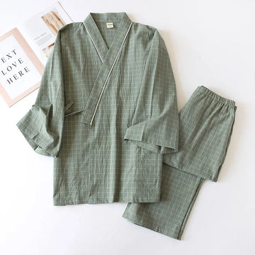 睡衣男Japanese-style kimono, cotton gauze, spring and autumn men's plaid nightgown two-piece home service yukata lace-up pajama set