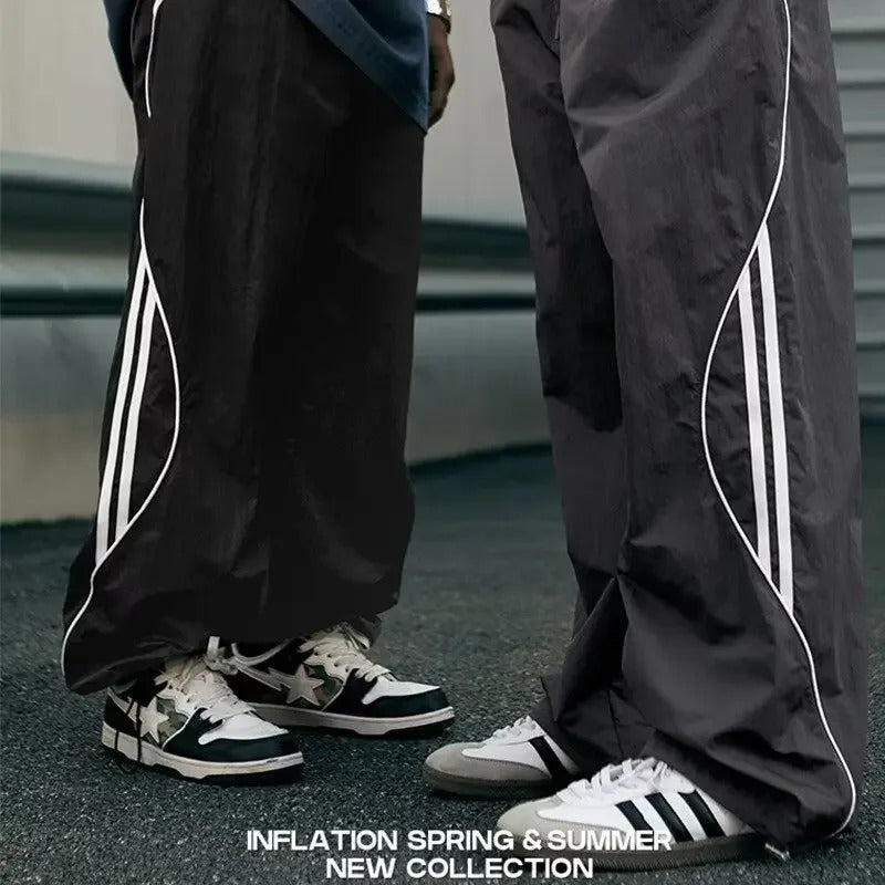 休闲裤男Streetwear Straight-leg Casual Pants Men Loose Fit Lightweight Sports Trousers Striped Quick Dry Pants For Spring Summer