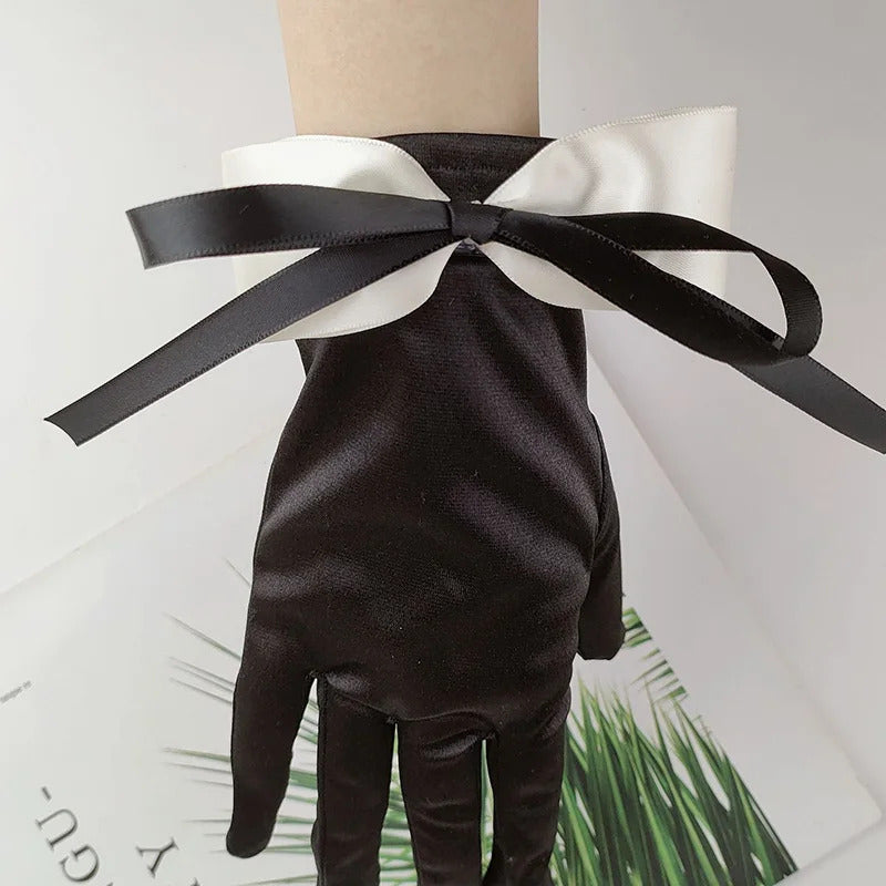 防晒手套女Women Wedding Dress Etiquette Performance Short Elastic Spandex Glove Bride Retro Double Bow Dance Party Professional Mitten