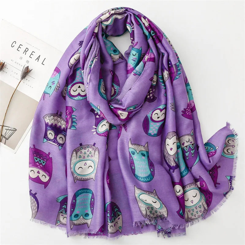 丝巾女New Winter Autumn Colorful Owls Pattern Long Cotton and Linen Scarf for Women Luxury Fashion Women's Kawaii Animals Warm Shawls