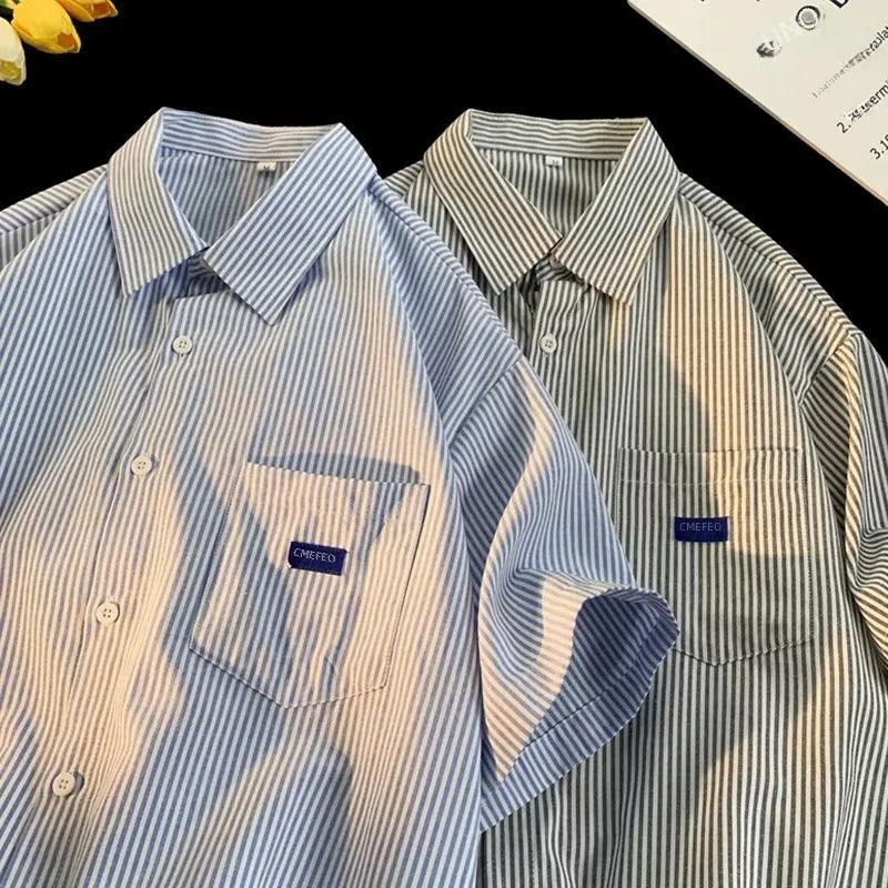衬衫男2024 Summer New Striped Loose-fit Shirt Men's Thin Cotton T-shirt Student Couple Casual Wear Top Short Sleeve