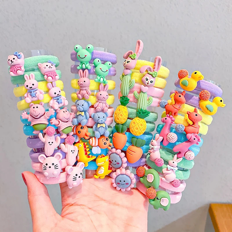 发饰10PCS/Set New Girls Cute Cartoon Scrunchie Ponytail Holder Rubber Bands Kids Lovely Hair Bands Headband Fashion Hair Accessories