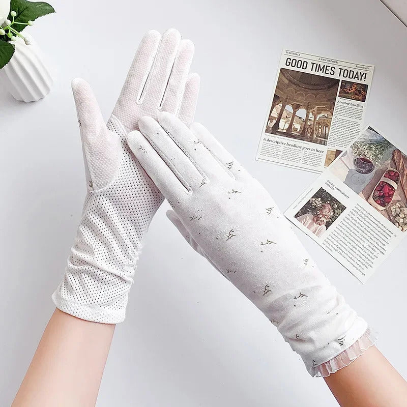 防晒手套女UV Protection Summer Gloves for Women Breathable Thin Cotton Mid-length Driving Bike Anti-slip Touch Screen White Outdoor Gloves