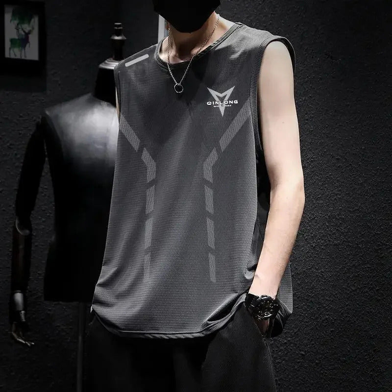 男士背心Men's Summer Ice Silk Breathable Vest Fitness Training Base Shirt Wide Shoulder Sleeveless T-shirt Quick Dry Casual Wear