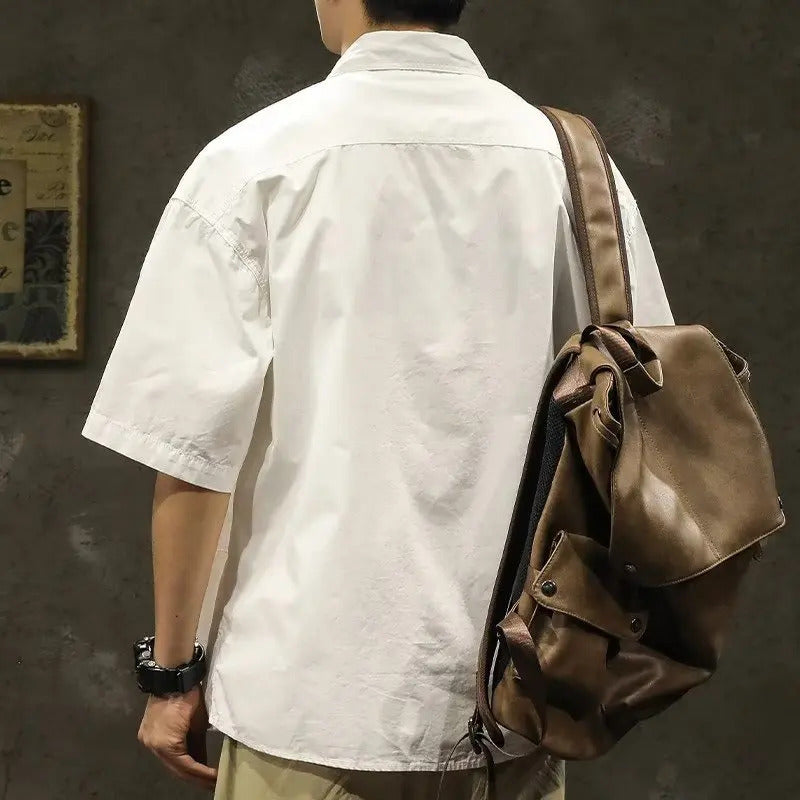 衬衫男American Casual Short Sleeve Shirt For Men Summer Fashion Comfortable T-shirt 2025 New High Street Plain Lapel blouses hombre