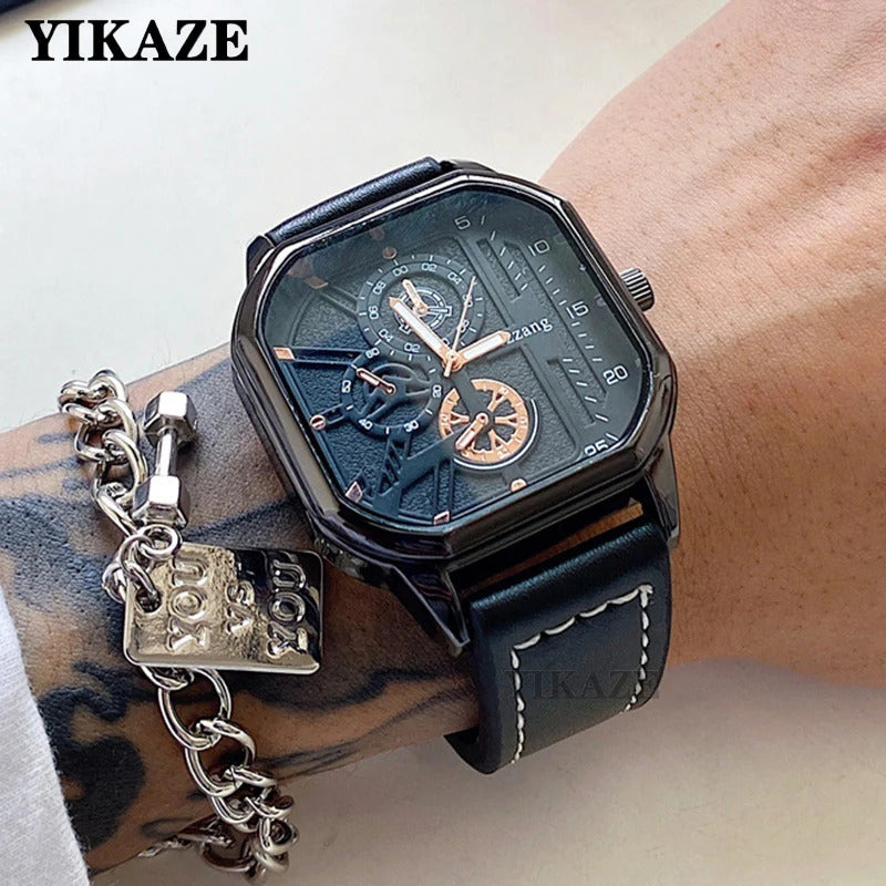 手表男手表男YIKAZE MQ01 Men's Business Watches Leather Strap Retro Quartz Wristwatch Alloy Dial Waterproof Male Black Watch