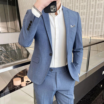 商务装男M-4XL All-in-one Slim Fit (suit + Trousers) Stylish All-in-one Handsome Classic Wedding Business Casual Solid Color 3-piece Set