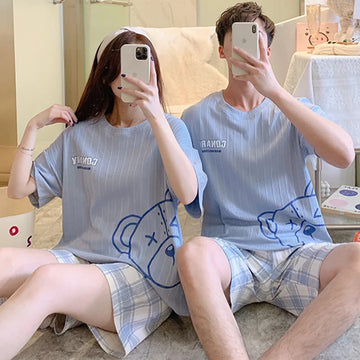 睡衣男Couples Home Suit Women's Sleepwear Suit Man's Pajamas Set Cotton Short Sleeves Sleep Tops Shorts Pyjamas Nightwear Mujer Homme