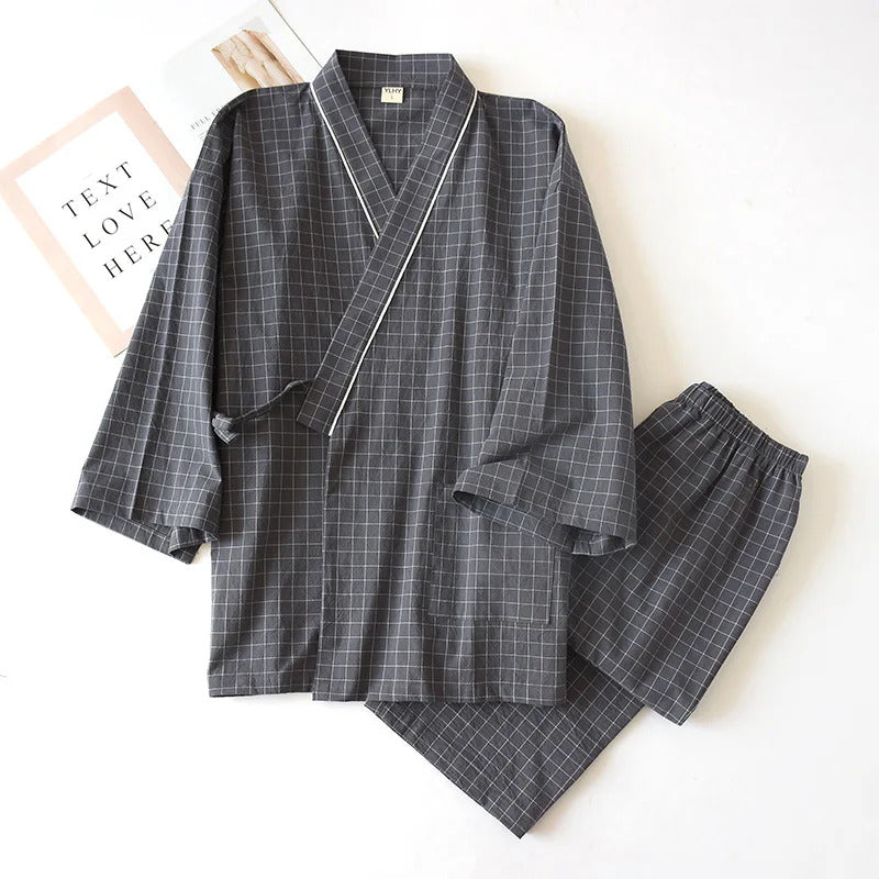 睡衣男Japanese-style kimono, cotton gauze, spring and autumn men's plaid nightgown two-piece home service yukata lace-up pajama set