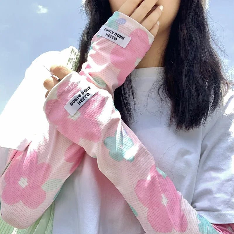 防晒冰袖女Women Sun Protection Breathable Sleeves Driving Long Fingerless Gloves Flower Bowknot Cool Muff Summer UV Protection Arm Sleeves