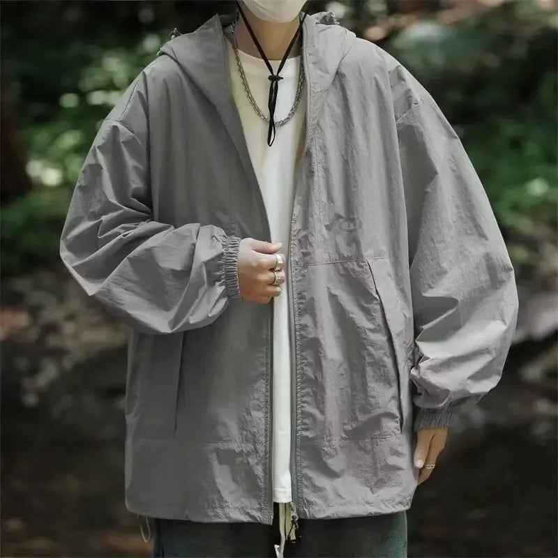 防晒衣男Trendy Men's Sun Protection Clothes Ice Silk Summer Thin Outdoor Mountain Function Hooded Jacket Loose Fit Sun Protection Suit