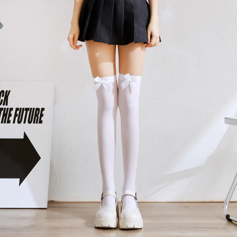 丝袜Slim Stockings Summer Solid Color bow tie Girls Lolita White Black Long Socks Thin Cute Thigh High Stockings