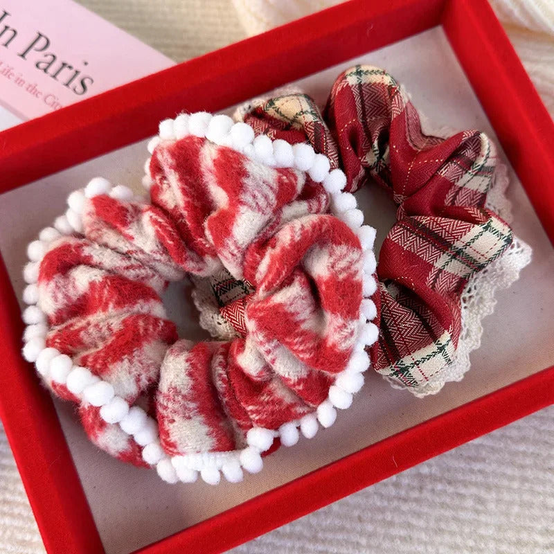 发饰Retro Red Lace Plaid Large Hair Scrunchies Headbands for Womens Girsl Hair Rope Rubber Band Fashion New Year Christmas Headdress