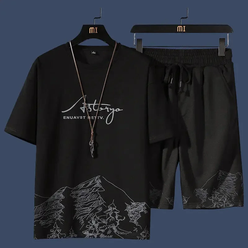 男士套装2024 New Trendy Men's Summer Outfit Shorts Sport Suit Korean Style Casual T-shirt For Young Teens Student Sleeved Tops