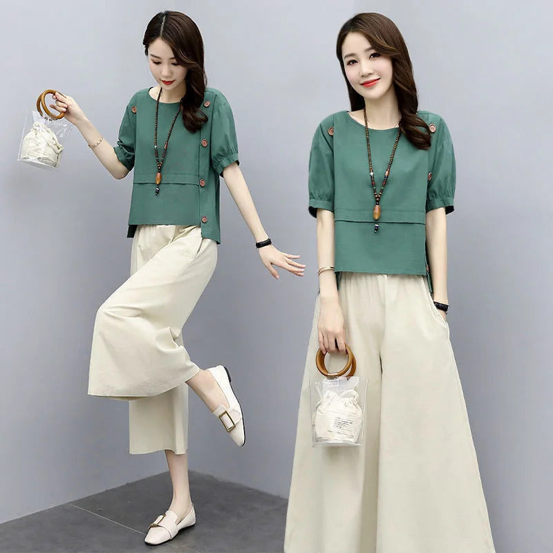 商务装女Women's Summer Office Suit Wide Leg Pants 2021 New Slim Ethnic Plus Size Western Style Retro Casual Two Piece Set Crop Top Women