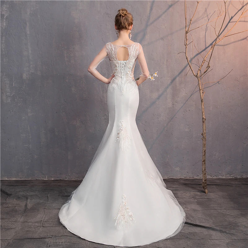 礼服女Y&M Novias O Neck Sleeveless Tulle Mermaid Wedding Dress A Line Lace Appliques Bridal Wedding Gowns Lace Up Vestido De Noiva