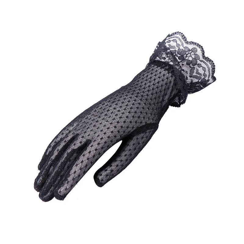防晒手套女Fashion Sexy Summer Female Full Finger Sunscreen Short Lace Gloves Women Driving Spider Web Pattern Sun Anti-UV Black Gloves C48