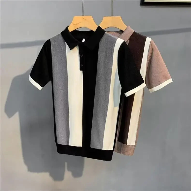 POLO男Summer Men's Polo Shirt Korean Version Vintage Striped Unique Zip-up Half Sleeve Ice Silk Knitted Top Casual T-shirt