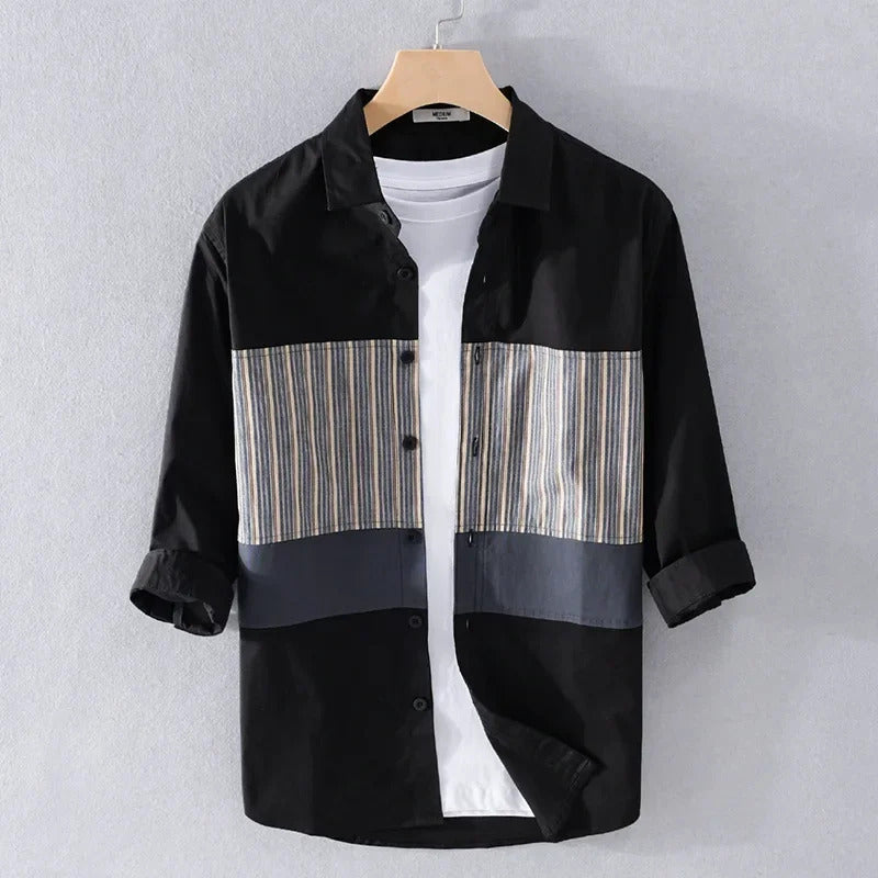 衬衫男Japanese Style Simple Men's 3/4 Sleeve Shirt Trendy Comfortable Loose-Fit Striped Cotton Casual Shirt 9745