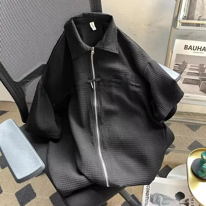 衬衫男2024 Summer Korean Style Men's Zippered Short Sleeve Shirt Youth Metal Rebellious Short Sleeve Tops Casual Sensibility Design