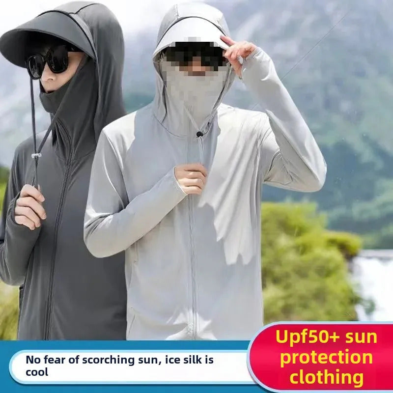 防晒衣男Ice Silk UV Protection Clothing Men's Summer Outdoor Fishing Face Covering Sunscreen Skin Shirt Thin Model for Hot Weather