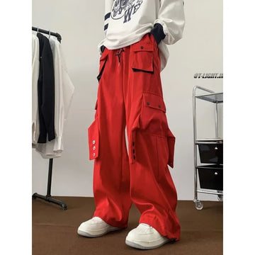 休闲裤男American Style Street Hip Hop Cargo Pants Men's Spring High Street Multipocket Loose-Fit Wide Leg Drawstring Straight-Leg Pants