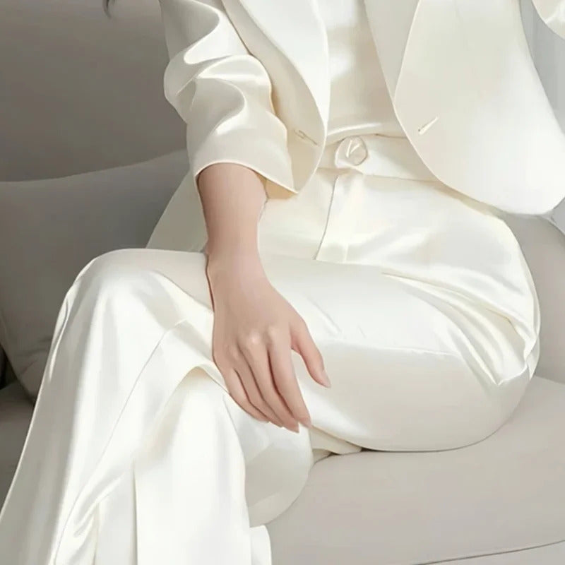 商务装女Autumn New Office Lady Satin Suit Women Elegant Formal Outfits Solid Color Blazer + High Waist Wide Leg Pants Two Piece Set 662P