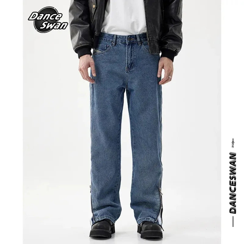牛仔裤男2024 New Men's Straight-Leg Denim Jeans Loose-Fit Blue Washings High Street Style Zip-Up Long Pants For Autumn/Winter