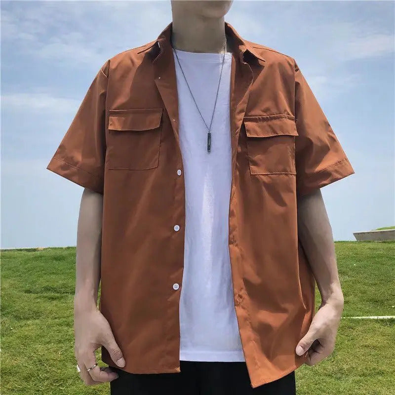 衬衫男Elegant Fashion Harajuku Slim Fit Ropa Hombre Loose Casual All Match Outerwear Square Neck Solid Button Middle Sleeve Shirt