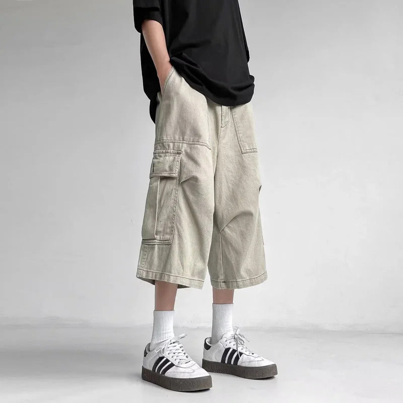 短裤男American Style Vintage Large Pocket Workwear Seven-Half Pants Men Summer Straight-Leg Loose-Fit Wide-Leg Versatile Casual Shorts