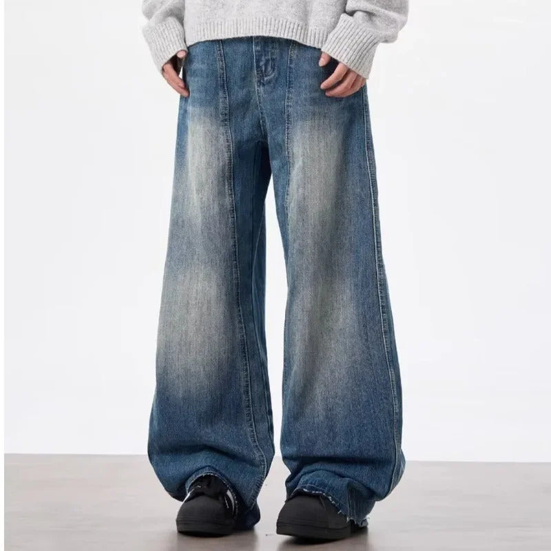 牛仔裤男American Retro Washed Lightning Pattern Deconstructed Bent Knife Jeans Loose Stereo Trimmed Silhouette Banana Pants For Men And