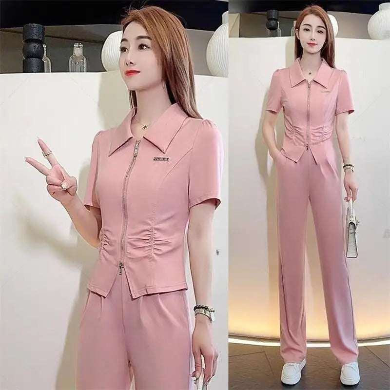 商务装女Women's Suit T-shirt And Wide Leg Pants Two Piece Set 2024 Spring Summer New Slim Casual Solid Color Capris Plus Size Clothing