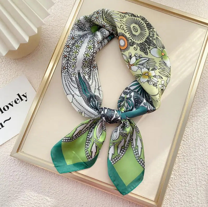 丝巾女70cm Multifunction Square Bandana Scarf Silk Hairband Foulard Floral Print Neckercheif Luxury Women Summer Spring Scarves 2022