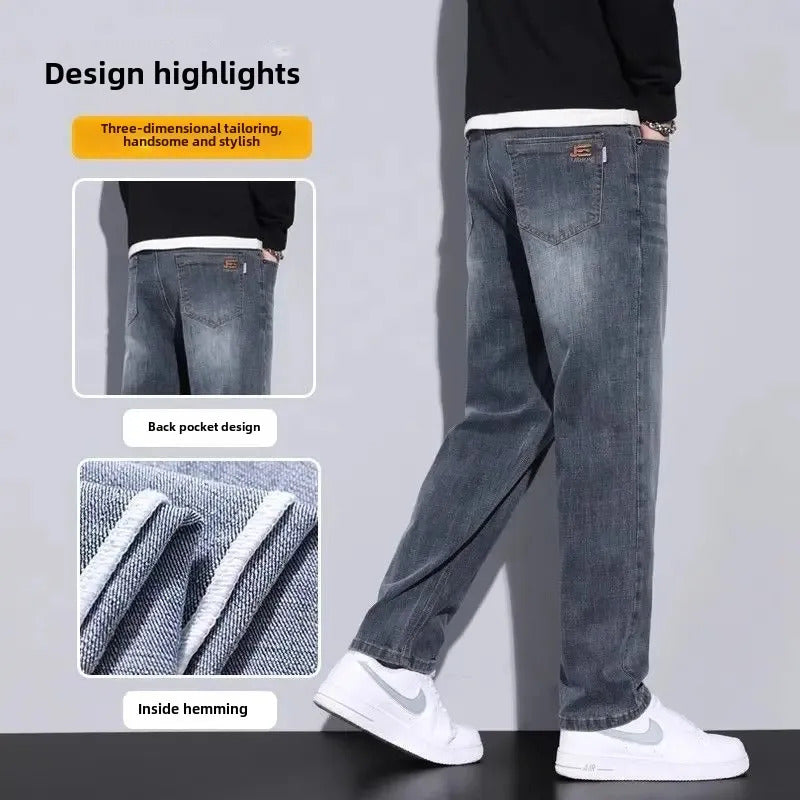 牛仔裤男Men's Vintage Straight-Leg Jeans High-End Autumn/Winter Fleece-Lined And Thickened Elastic Loose-Fit Casual Long Pants Trendy