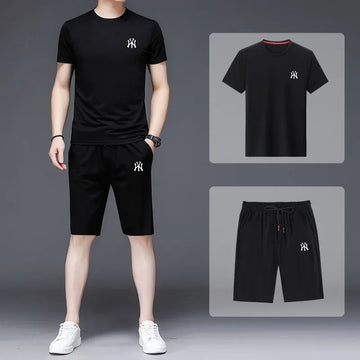 男士套装Summer Casual Sports T-Shirt Set For Men Short Sleeve Ice Silk Thin Style 2-Piece Set Youthful Fashion