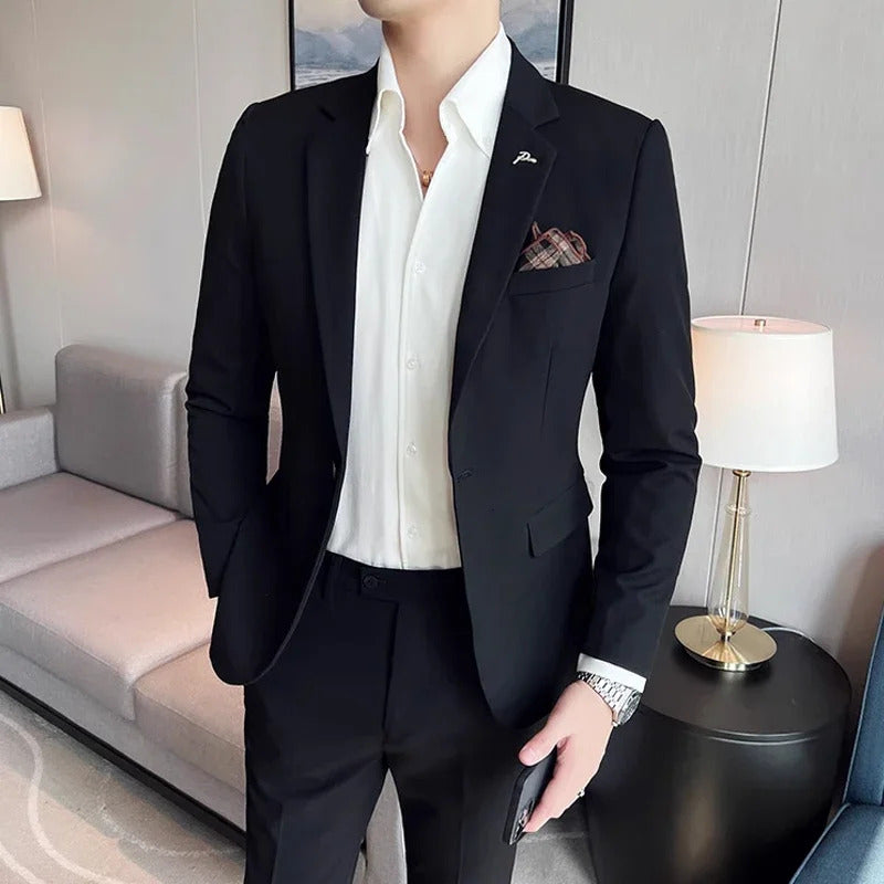商务装男(Jacket + Pants) High End Brand Boutique Solid Color Mens Casual business office Suit Groom Wedding Dress Party Blazer Trousers