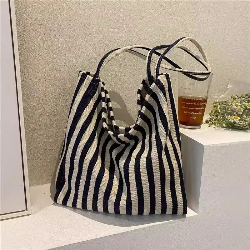 包包Vintage Artistic Korean Style Simple Fresh Striped Canvas Bag Versatile Casual Large Capacity Single Shoulder Women's Bag