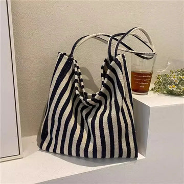 包包Vintage Artistic Korean Style Simple Fresh Striped Canvas Bag Versatile Casual Large Capacity Single Shoulder Women's Bag