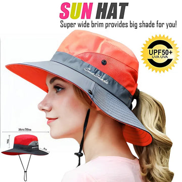 帽子女Women's Ponytail Sun Hat Outdoor UV Protection Foldable Mesh Wide Brim Beach Fishing Hat Summer Wide Brim Bob Hiking Bucket Hat