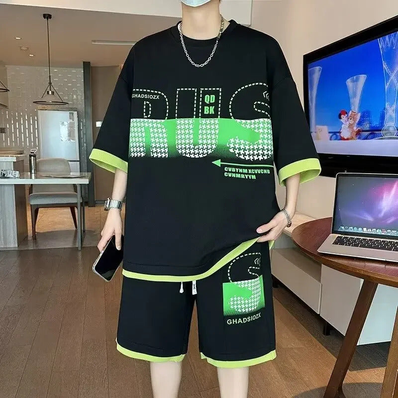 男士套装Men's Sportswear Suit Summer Short Sleeves T-shirt Basketball Jersey Casual Shorts 2-piece Set Korean Trendy Fashion