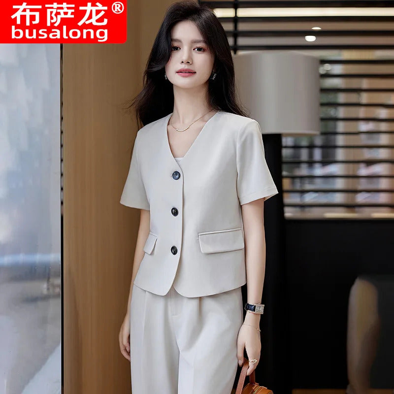 商务装女Off-White Short Sleeve Blazer for Women, Spring/Summer New High-End Elegant Petite Short Casual Suit Set